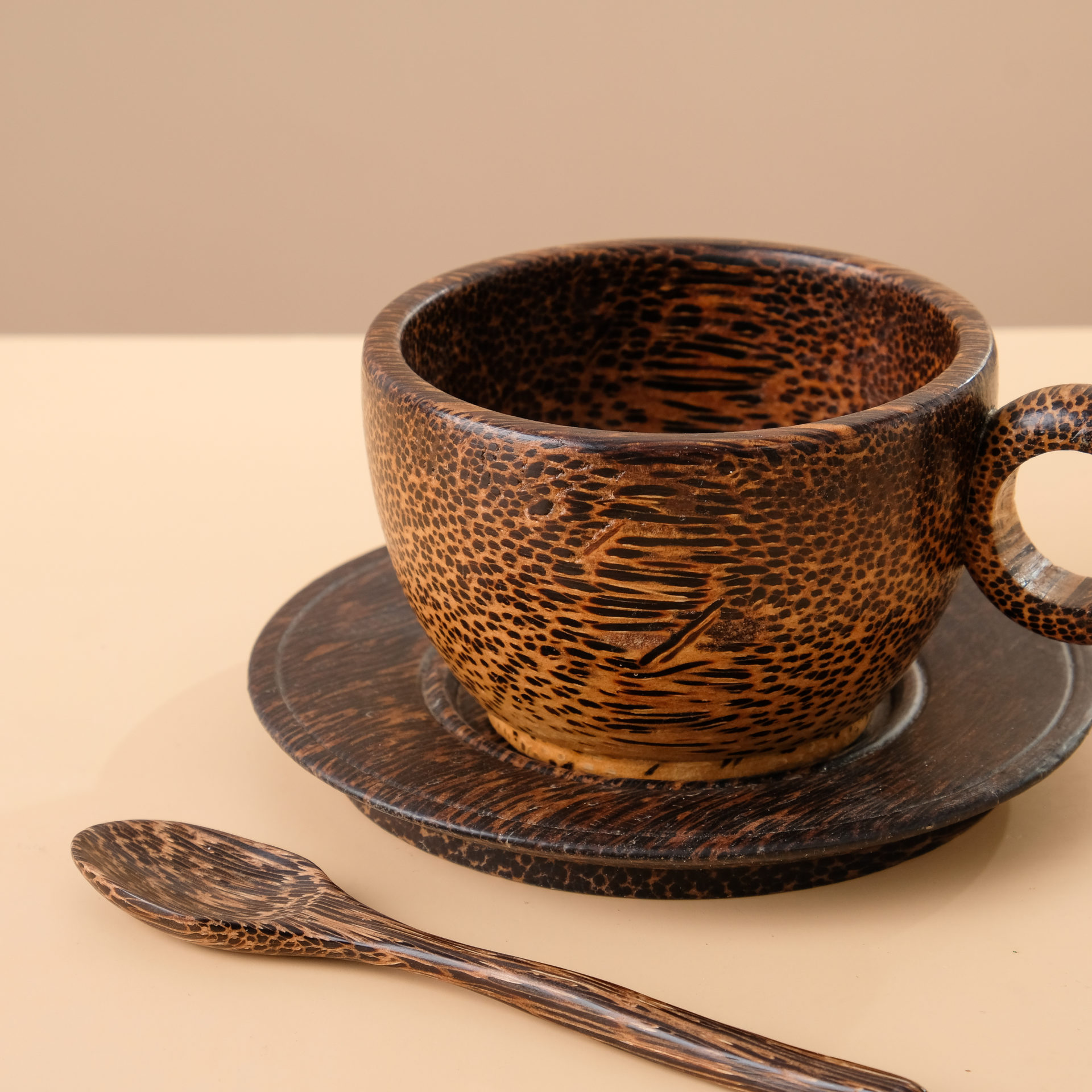Thai Palm Wood Coffee Tea Cup & Saucer Set with Teaspoon Tableware Handmade 